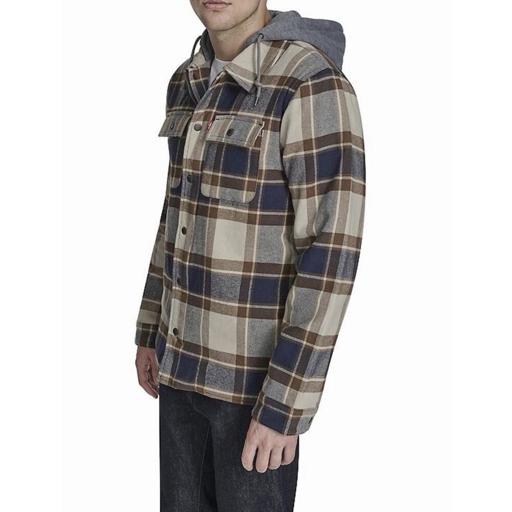 Levi's Sherpa Lined Flannel Hooded Shacket small Beige Black Plaid Jacket NWT